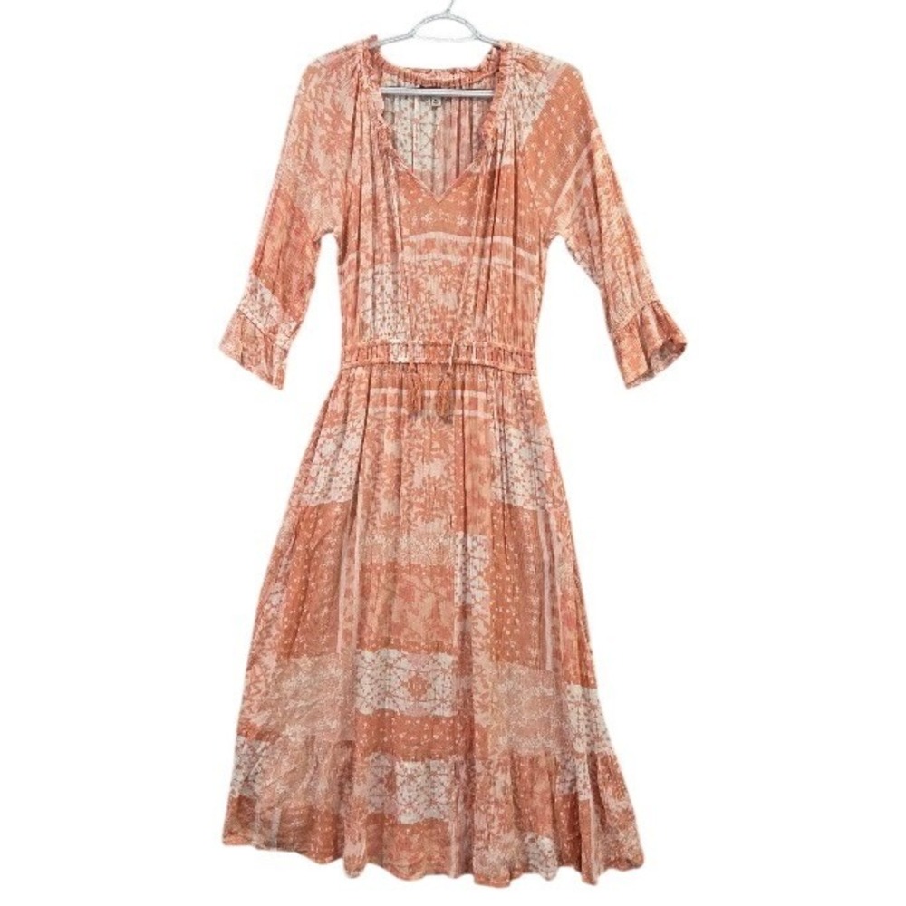 Frye and Co Maxi Dress Women's XS Orange Boho Patterned Tassel Bell Sleeve